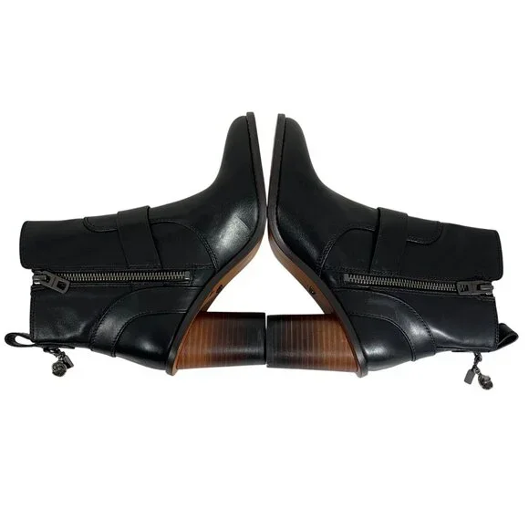 COACH Black Leather Moto Booties Turnlock Buckles Stacked Heels Womens 5B - NWOB - Picture 5 of 8